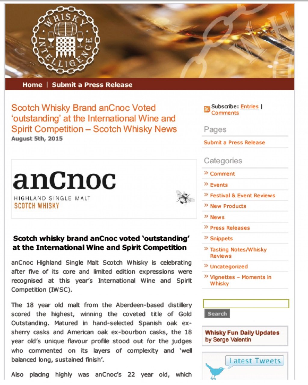 	Scotch Whisky Brand anCnoc Voted "Outstanding" at the International Wine and Spirit Competition - Scotch Whisky News