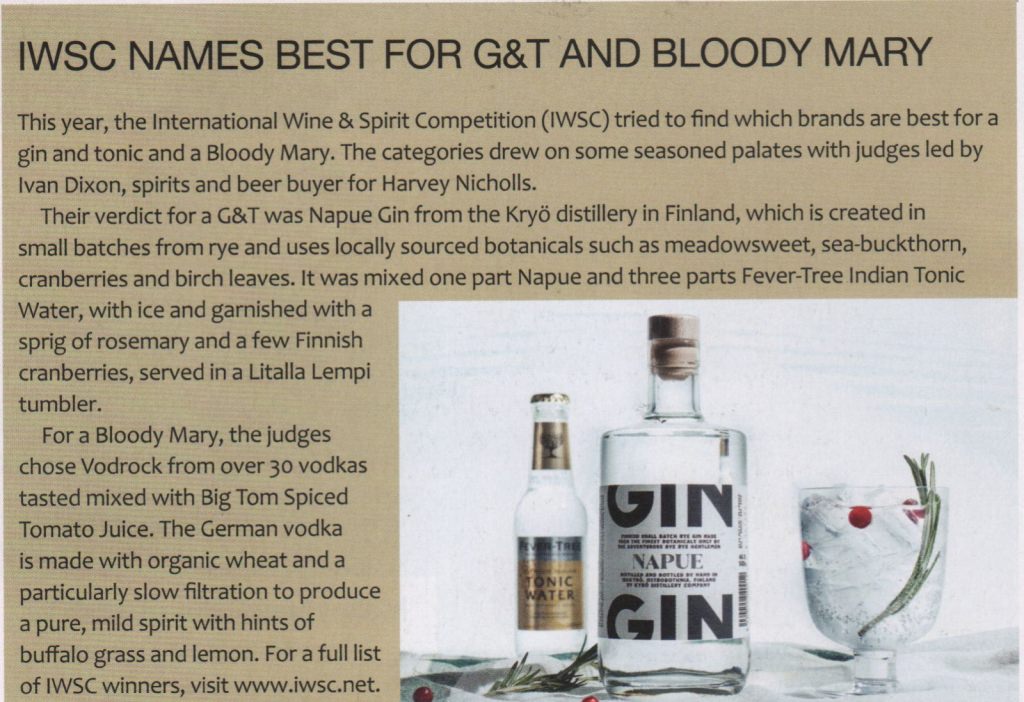 IWSC names best for G&T and Bloody Mary